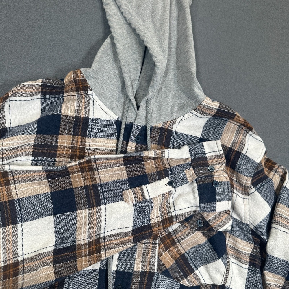 RSQ Hooded Flannel Shirt Mens XL Brown Blue Plaid Flap Pocket Long Sleeve‎